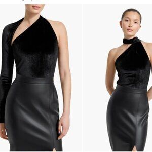 Marcella NYC red velvet one sleeve asymmetrical top, size L